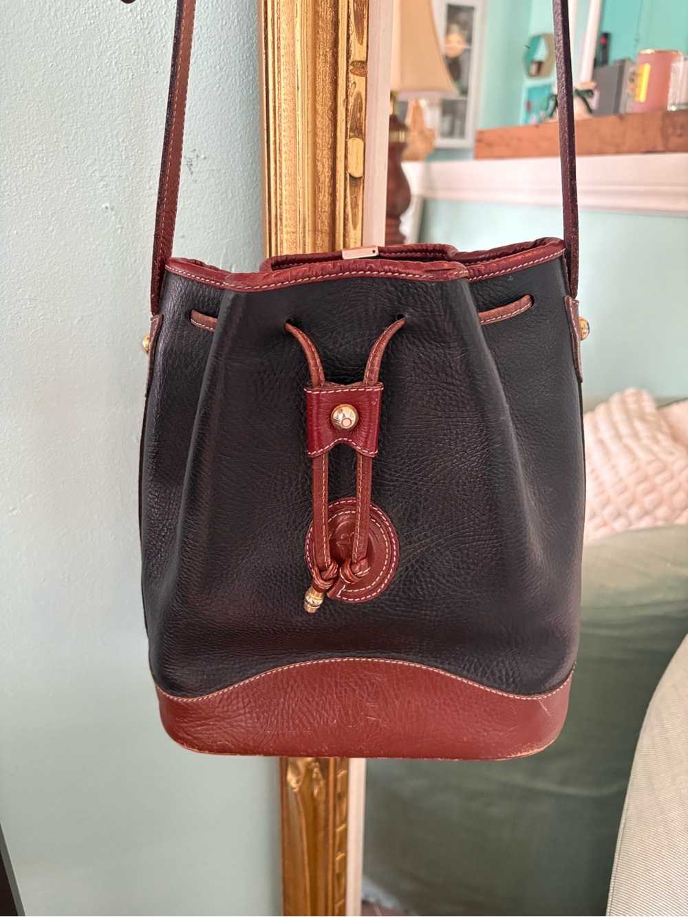 Classic Leather Black & Brown Drawstring Bucket Crossbody Bag
